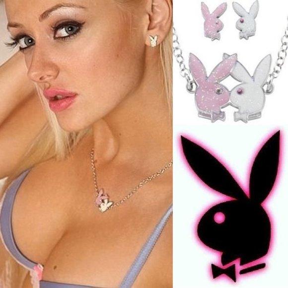 Playboy Jewelry Set Necklace Earrings Bunny Kiss Kissing Bunnies Authentic NWT - Picture 7 of 13